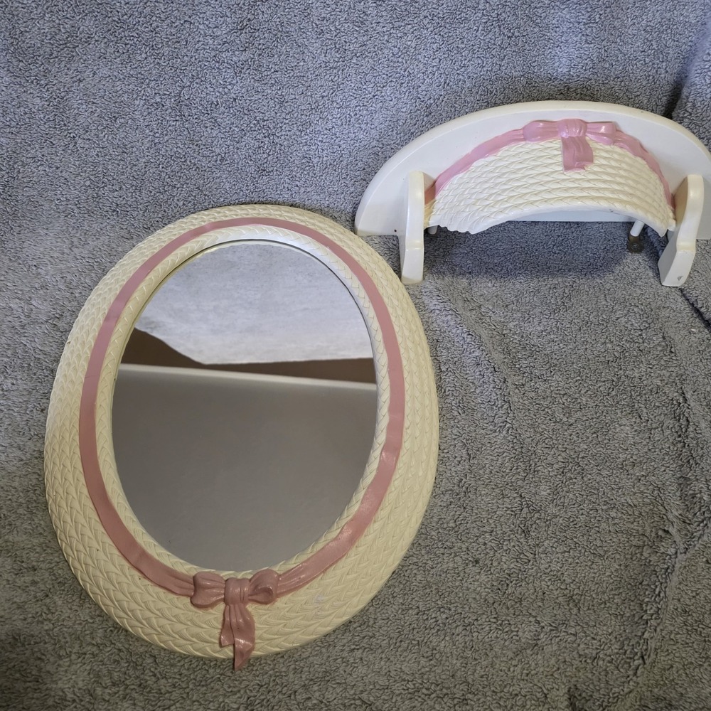 Burwood Home Interiors White Faux Wicker Pink Bow Mirror and Shelf
